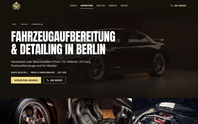 Seite Fahrzeugaufbereitung von TCB in Schwarz und Gold