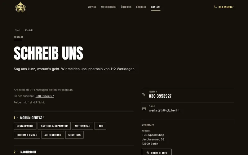 Kontaktseite von TCB mit Telefonnummer und Anfrageformular