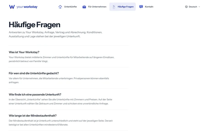 Seite Häufige Fragen von your workstay