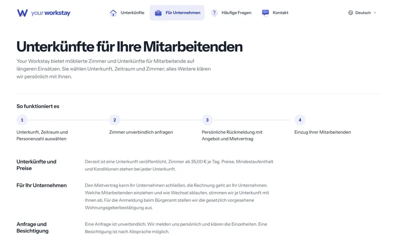 Seite Für Unternehmen von your workstay mit Ablauf in vier Schritten