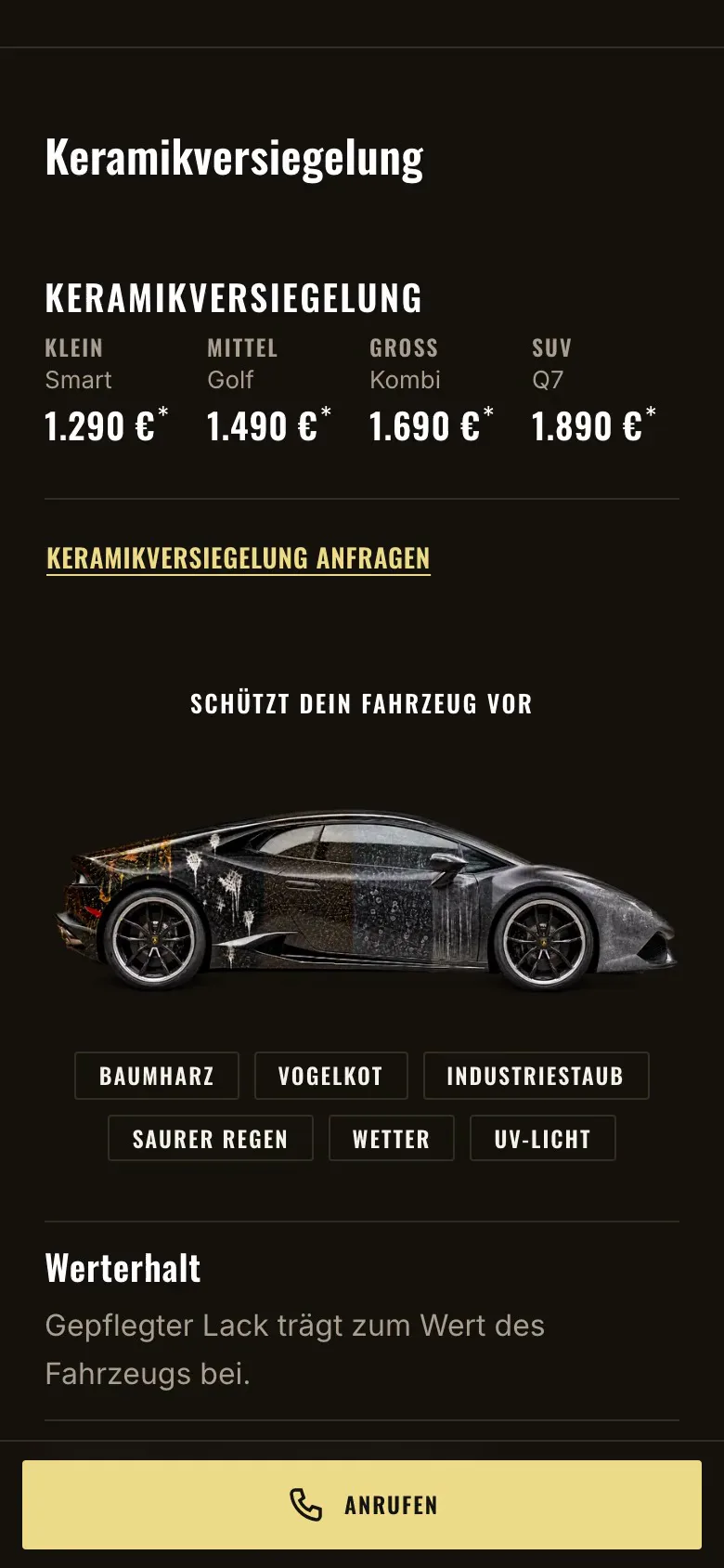 tcb.berlin auf dem Telefon: Auf der Seite Aufbereitung wird „Keramikversiegelung anfragen“ getippt, das Formular öffnet sich mit Aufbereitung und Keramik vorausgewählt, dann werden Fahrzeuggröße, Auto, Chevrolet und Camaro eingetragen.
