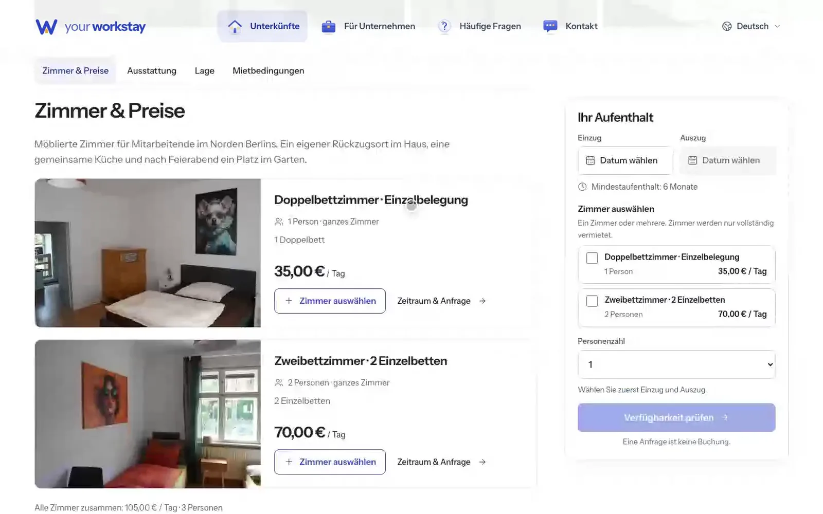 Die Anfrage auf yourworkstay.com: Einzug und Auszug werden gewählt, dann beide Zimmer und drei Personen; der Preis erscheint pro Tag und pro Monat.