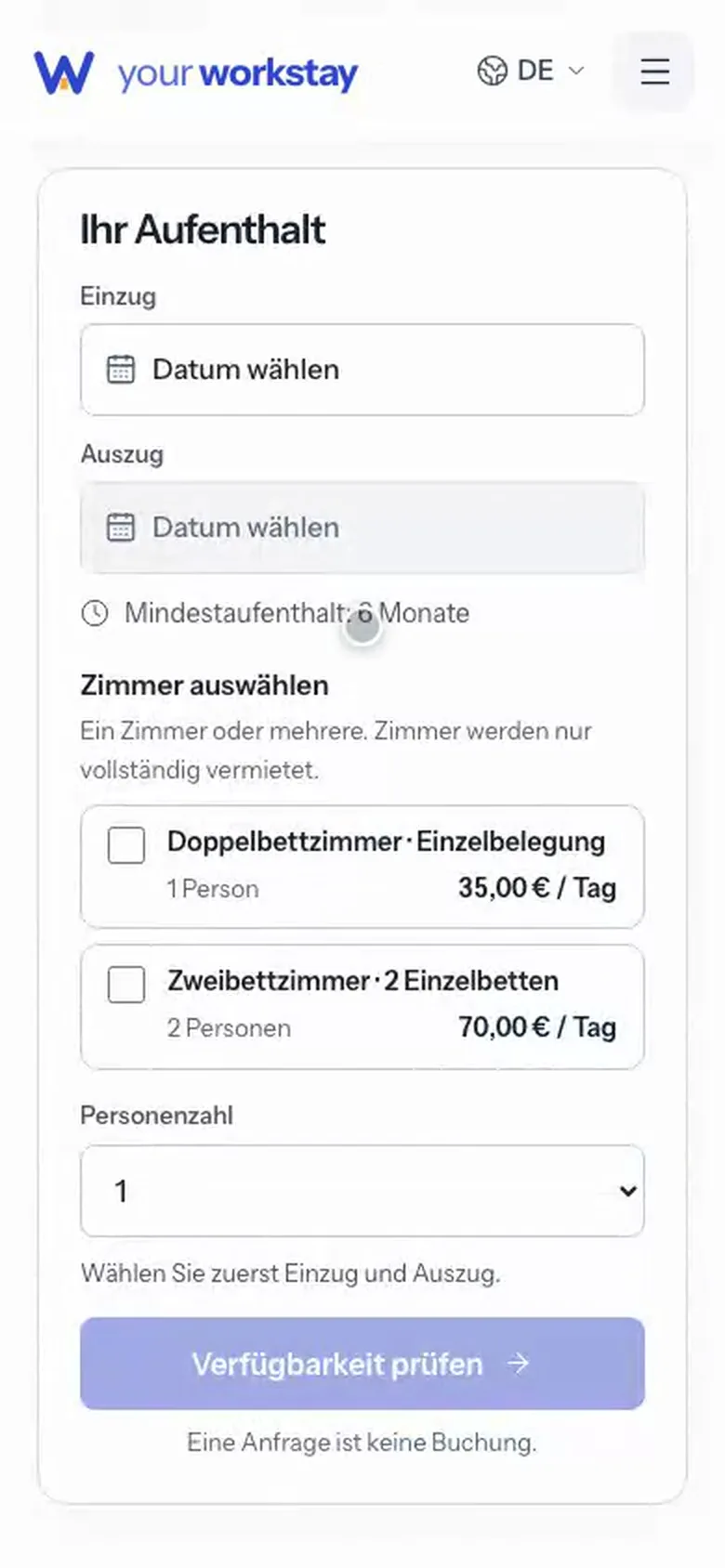 Dieselbe Anfrage auf dem Telefon: Kalender, Zimmerwahl und Preis untereinander.
