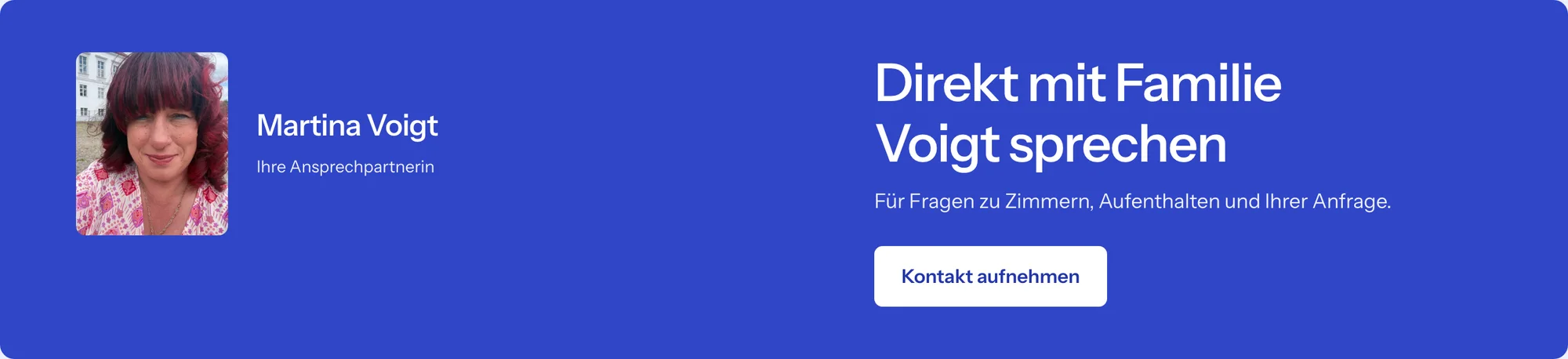 Blaues Panel der Website: Foto von Martina Voigt, Ihre Ansprechpartnerin, daneben „Direkt mit Familie Voigt sprechen“ und der Knopf „Kontakt aufnehmen“.