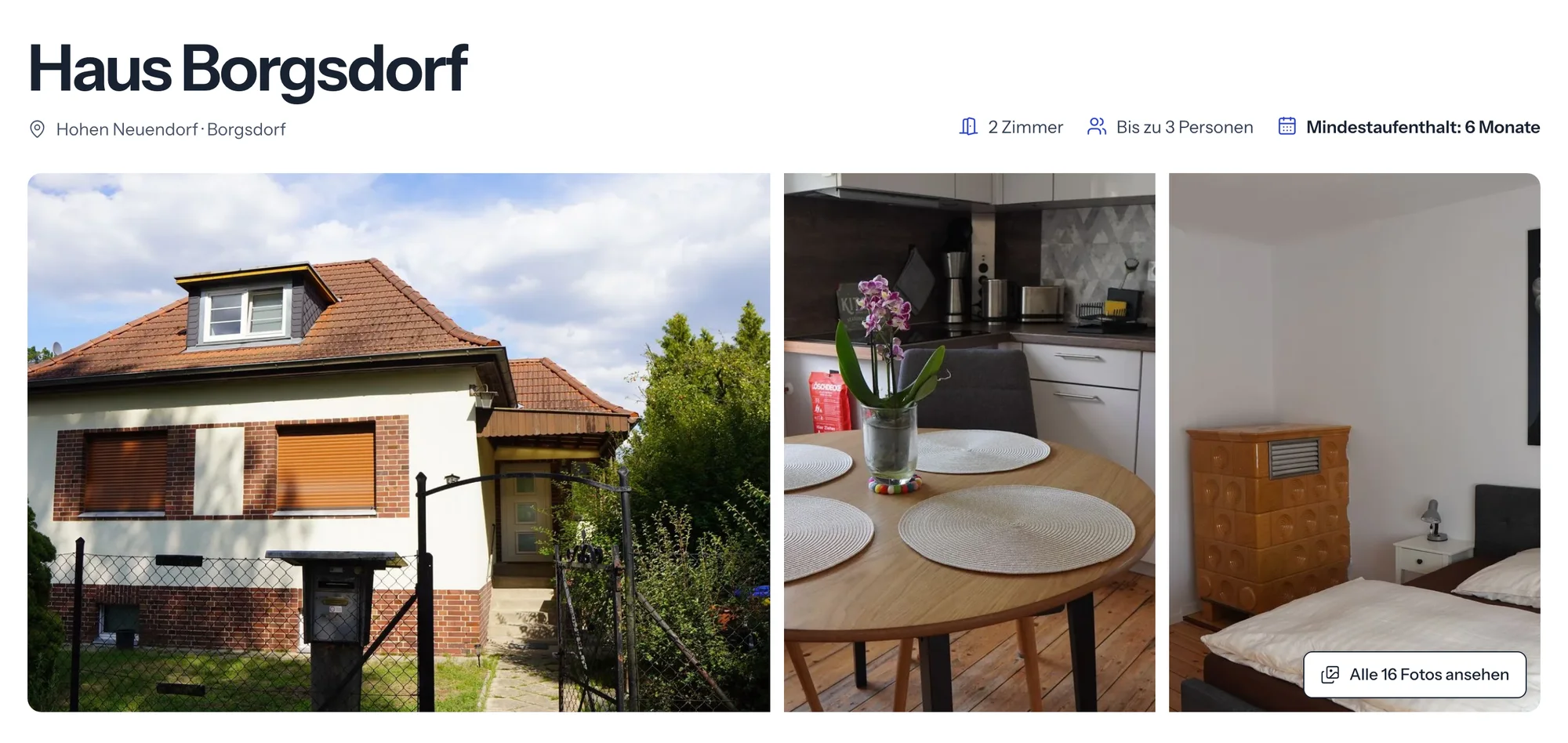 Kopf der Seite Haus Borgsdorf: Titel, Ort, zwei Zimmer, bis zu drei Personen, Mindestaufenthalt sechs Monate, darunter drei Fotos von Haus, Küche und Zimmer.